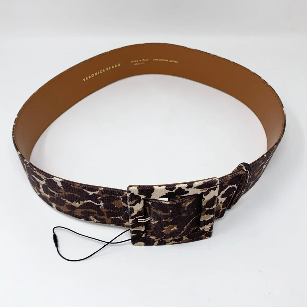 Veronica Beard Rickie Belt (Sz M) Wide Canvas Leather Leopard Print Brown Multi